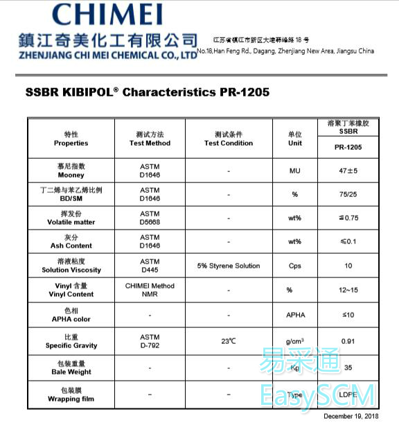 鎮江奇美SSBR 1205物性表